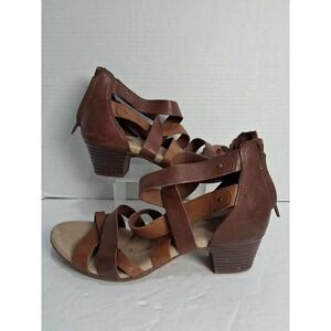 Clarks Women's Brown Leather Strappy Zipper Back Block‎ Heel Sandals Size 8
